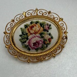 Vintage Floral Needlepoint Gold-Tone Brooch - Pink & Yellow Roses